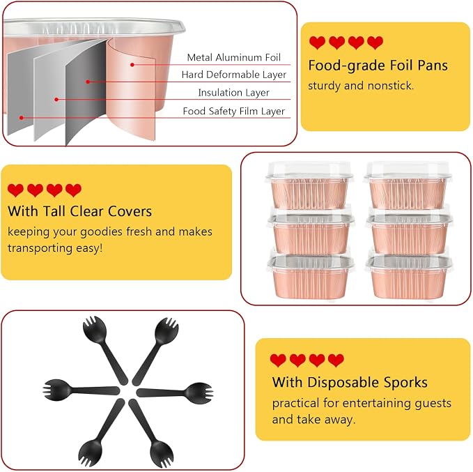 120pack 5oz Mini Cake Pans with Lids,LNYZQUS Foil Cupcake Cups Small Brownie Baking Tins,Square Disposable Ramekins Mini Cheesecake Containers Muffin Holders-Champagne