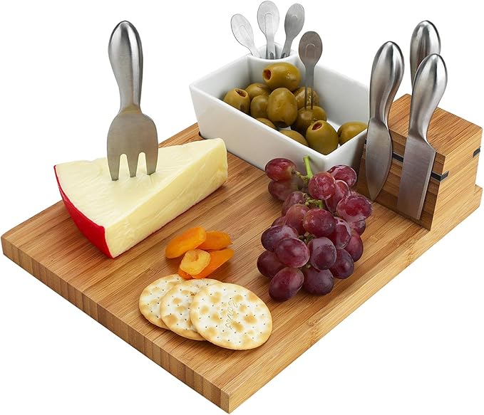 Picnic at Ascot Original Bamboo Cheese Board with Knife Set, Ceramic Bowl & Cocktail Sticks- Designed & Quality Approved in the USA