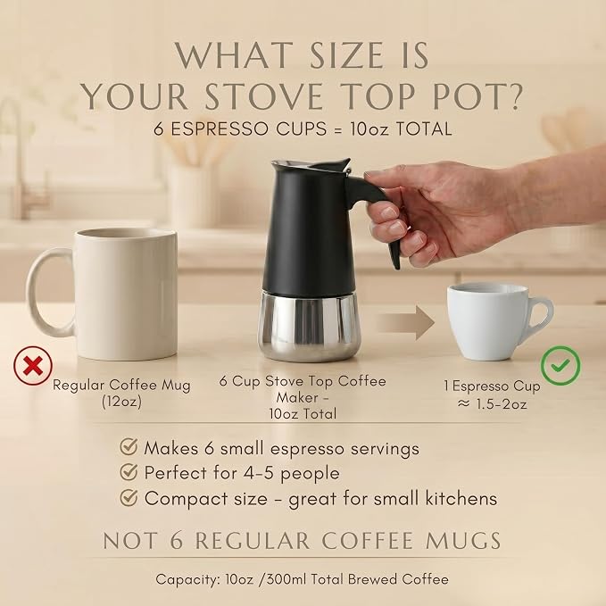 Mixpresso Black 6 Cup Greca Stovetop Espresso Pot 300ml/10oz, Moka Pot with Coffee Percolator Design, Stainless Steel Stove Top Coffee Maker for Camping or Home Use,Italian Stovetop Espresso Maker
