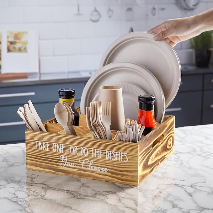 ALELION Rustic Plate and Utensil Caddy, 6-Compartment Paper Plate and Cutlery Holder with Handles, Kitchen and Party Organizer for BBQs, Picnics, and Gatherings, Brown