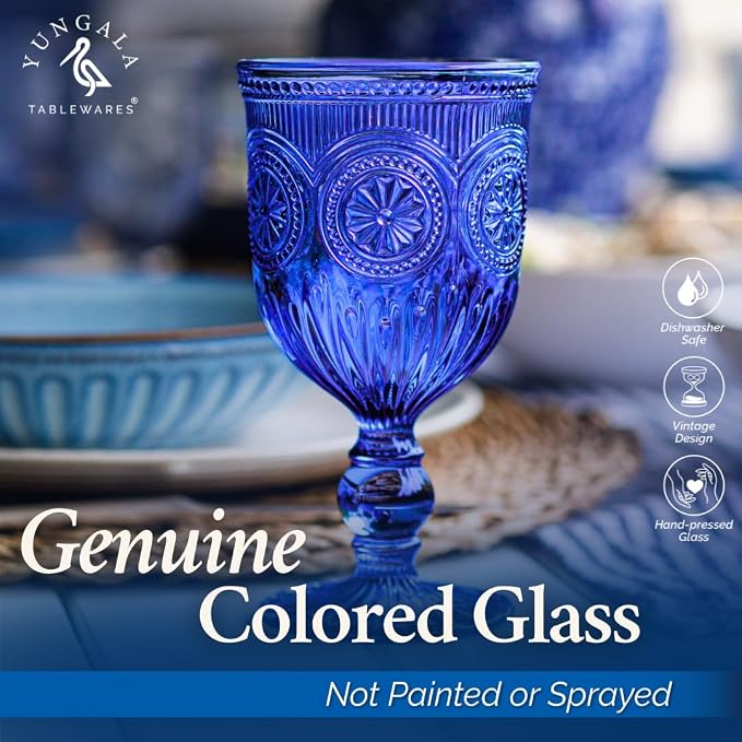 Cobalt Wine Glasses Set of 6 Goblets - Handcrafted Vintage Glassware with Sunflower Motif, Dishwasher Safe Cobalt Blue Glassware