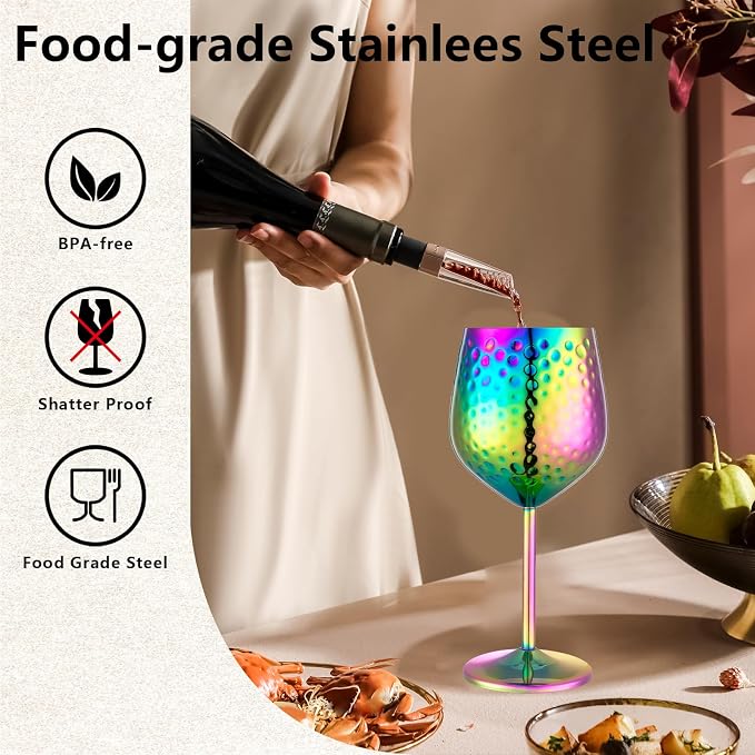 UNISWEET Stainless Steel Wine Glasses Set of 4 Unbreakable (Colorful) | 17 oz Large-capacity Hammered Goblets, Lightweight & Reusable, Good for Outdoor, Camping, Pool Travel, Gift for Wine Lovers