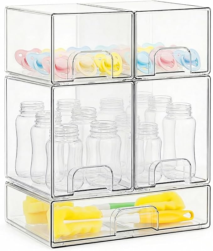 Bottle Storage Organizer Baby, Clear Stackable Storage Drawers Set for Baby Bottle, Beauty Supplies Storage, Ideal for Countertop, Vanity, Bathroom, Cabinet, Pantry Organization, 15.4" H, 5 Pack