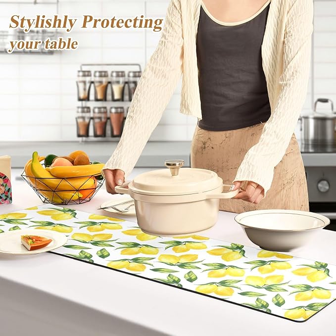 ALAZA Yellow Lemon and Leaves on White Trivet Table Runner 40 Inches Long Trivet for Hot Pots and Pans/Hot Dishes,Table Protector Heat Up to 230F, Decorative Hot Plates Mat for Kitchen Counter