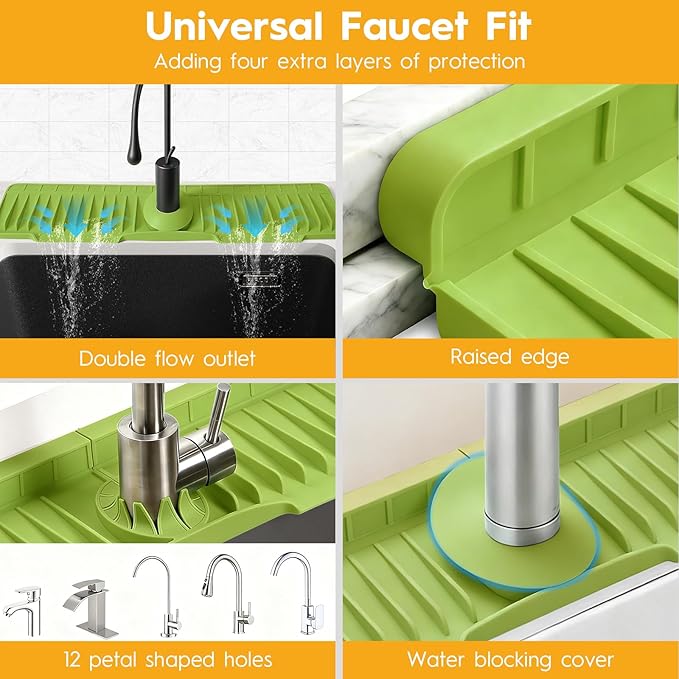 24" Silicone Faucet Mat for Kitchen Sink Released in 2026,8° Slope Fast Self-draining-Kitchen Sink Splash Guard,Bathroom Kitchen Sink Area Water Splash Guard Behind Faucet Draining Mat(Green)