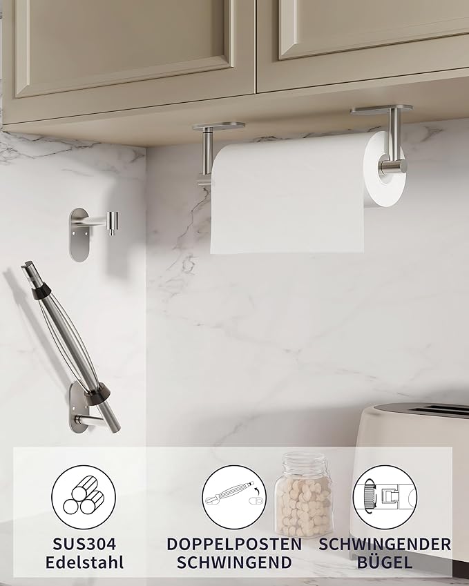 Paper Towel Holder Under Cabinet, Self Adhesive or Wall Mount for Kitchen Bathroom, Stainless Steel Paper Towel Holders with Damping Effect, Single Hand Operable (Silver)