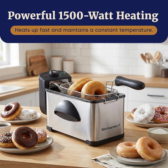 Elite Gourmet EDF2100 Electric Immersion Deep Fryer Removable Basket Adjustable Temperature, Lid with Viewing Window and Odor Free Filter, 2 Quart / 8.2 cup