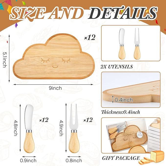 Ziliny 12 Set Baby Shower Party Favors Mini Cheese Cutting Board Cloud Shaped Small Charcuterie Board with Knives Forks Thank Tags with Gifts Box Ropes for Gifts Birthday Wedding Party Baby Shower
