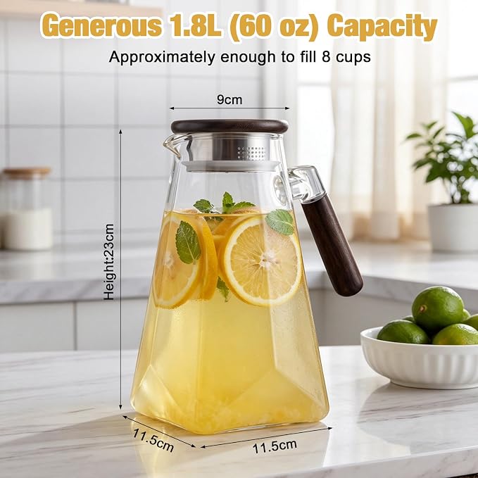 60 oz 1.8l Glass Pitcher with Lid, Borosilicate Glass Carafe with Solid Walnut Handle, Spout, Heat-resistant Beverage Jug for Iced Tea, Lemonade, Cold Brew, Fridge Safe(Clear)