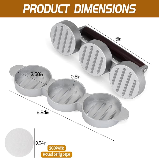 Mini Burger Press Small Meat Patty Maker with 200 Patty Papers Round Shape Press Patty Maker for Mini Hamburger, Barbecue, Picnic, Camping, Three 2.56-inch molds (3 Slots+200 Patty Papers)