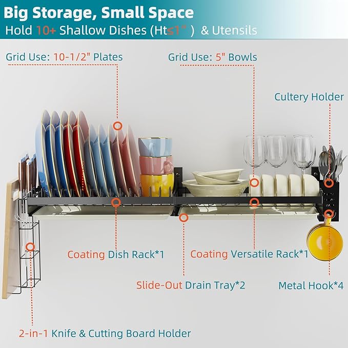 Hanging Wall Mounted Dish Drying Rack with Cutting Board Rack*1, Hook*4, Drain Tray*2, Apartment & RV Wall Mounted Dish Rack, Adhesive Mountable, Mounted Length: 31.8", Washable (Black)