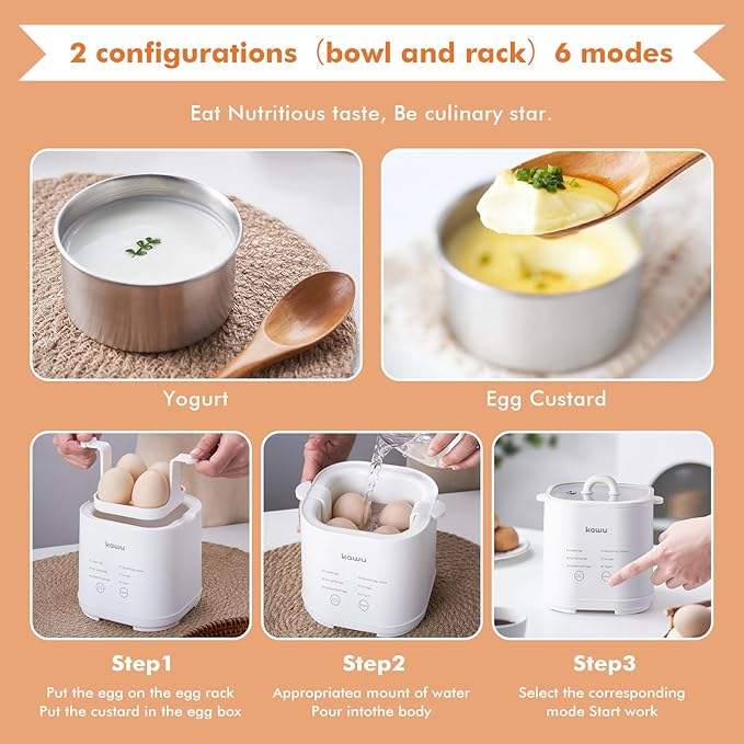 Kawu Egg Cooker, 6-in-1 Electric Rapid Egg Poacher for Hard Boiled Eggs, Yogurt, Custard, 12H Delay Start & Auto Off, Portable Breakfast Maker with Stainless Steel Bowl, 4 Eggs