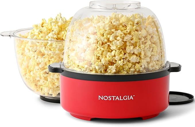Nostalgia Non Stick Stirring Popcorn Maker for 24 Cups of Theatre Style Popcorn with Hot Oil - Dual-Use Lid & Serving Bowl - Quick Heat Technology & Cool Touch Handles - Ez Store - Red