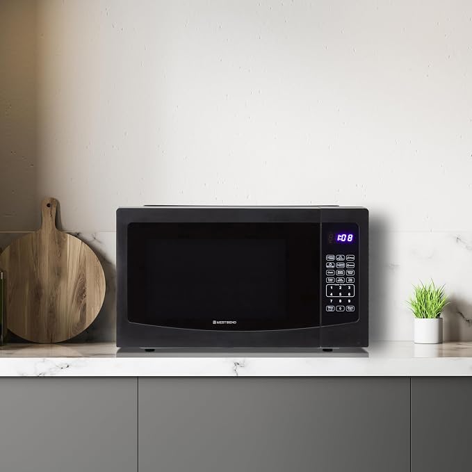 West Bend Microwave Oven 1000-Watts Compact with 6 Pre-Set Cooking Settings, Time and Weight Defrost, Electronic Control Panel and Glass Turntable, 1.1 Cu.Ft., Black