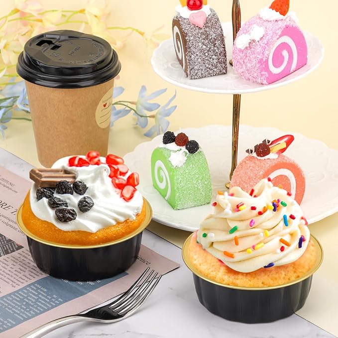 Beasea Disposable Aluminum Ramekins, 8oz 200 Pack Ramekins Foil Cups Baking 3.9" Ramekin Cup Cupcake Aluminum Mini Baking Cups for Party - Black Gold