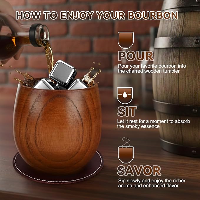 Charred Wooden Bourbon Drinking Glass Wooden Whiskey Glasses Set of 2 Complete Whiskey Gift Set Old Fashioned Glass Bourbon Gifts for Men (2 Pack Charred)