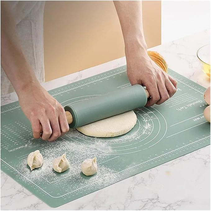 Silicone Measuring Kneading Pad Set Household Rolling Pin Dough Large Thick Non-slip Non-stick Bottom Baking Tool(Rolling pin blue)