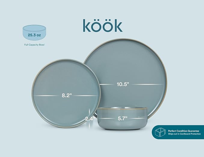 Dinnerware Set, 12 Piece, by Vase and Vessel, Ceramic 10.5”Dinner Plates, 8.2”Salad Plates and 25 oz Soup Bowls, Stoneware, Microwave and Dishwasher Safe, 12 Piece Set, Sage Green, Somerset Collection