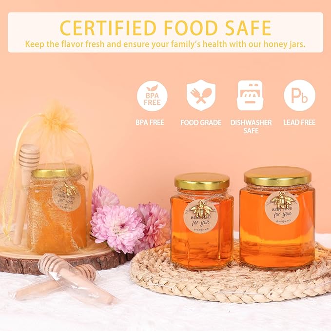4 oz Mini Glass Honey Jars | 8-Pack Honey Jars with Wood Dippers, Gold Lids, Gift Bags, Bee Charms, Labels, Tags, Twine | Perfect for Baby Shower Party Favors, Wedding Favors, Bridal Showers