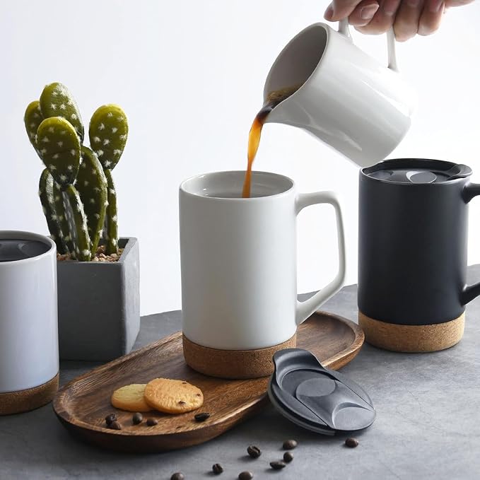 Ceramic Coffee Mug Set of 2, 17 OZ Large Coffee Mug with Removeable Cork Bottom and Splash Proof Lid, Large Handle Coffee Mugs (Matte Black) | Removable Cork Bottom,Splash Proof Lid,Large Handle,For Coffee,Tea,Hot Chocolate