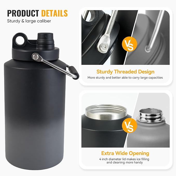 Insulated Gallon Jug with Handle, One Gallon, 128oz Stainless Steel, Large Double Vacuum Water Bottle for Cold Drinks, Wide Mouth, Sweat Proof, Carrier bag, Great for Travel, Camping, Grey Gradient