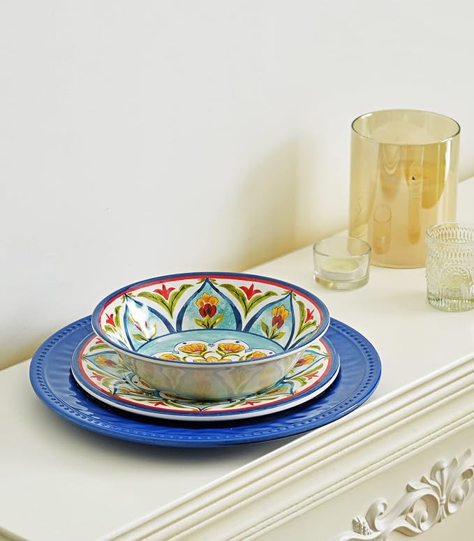 Melamine Dinnerware Sets, 12Pcs Durable Plates and Bowls for 4, Lightweight Dishes Dinnerware Sets for Indoor and Outdoor Use, Dishwasher Safe BPA free (Retro Style)