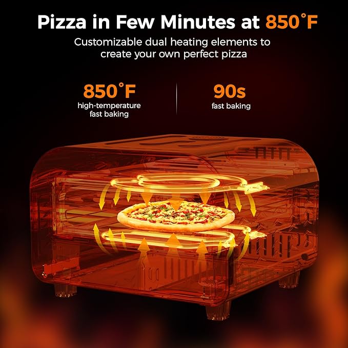 Pizza Oven Indoor,pizza maker,Makes 12 Inch Pizzas in 90s at 850°F,Countertop Electric Pizza Oven with Continuous Baking Without Reheating,Pizza Cooker with 6 Preset Modes,Pizza Stone&Peel Included