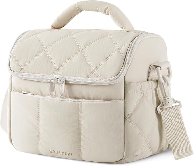 BAGSMART Insulated Lunch Bags for Women, Cute Quilted Lunch Box, Lightweight Puffy Padded Waterproof Lunch Tote, Reusable Lunch Cooler for Work Picnic Travel, Beige