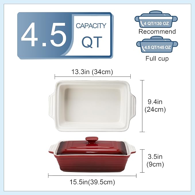 LOVECASA 4.5 Quart Ceramic Casserole Dish with Lid – Oven, Microwave & Dishwasher Safe Bakeware for Family Meals, Lasagna, Roasting, Rectangular Stoneware 9x13 Baking Pan, Gradient Red