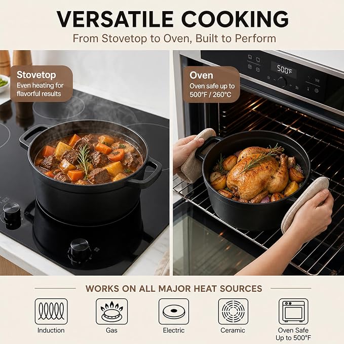 Enameled Cast Iron Dutch Oven with Lid, 3.3 QT Round Dutch Oven Pot, Matte Black Small Dutch Oven for Soup, Stew, Braising & Baking, Oven Safe to 500°F, Works on Induction, Gas & Electric