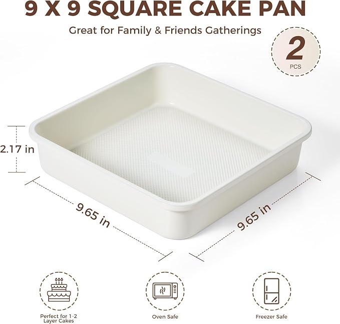 HONGBAKE Ceramic 9x9 Baking Pan 2 Pack, Square Cake Pan with Diamond Texture, Aluminized Steel Nonstick Square Baking Pan for Brownies, Cream