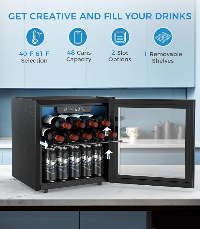 Electactic 48 Can Beverage Refrigerator Mini Fridge Cooler Glass Door for Beer Soda or Wine, Small Drink Cooler Machine LED Temperature Control for Bar Home, Office 1.3CUFT