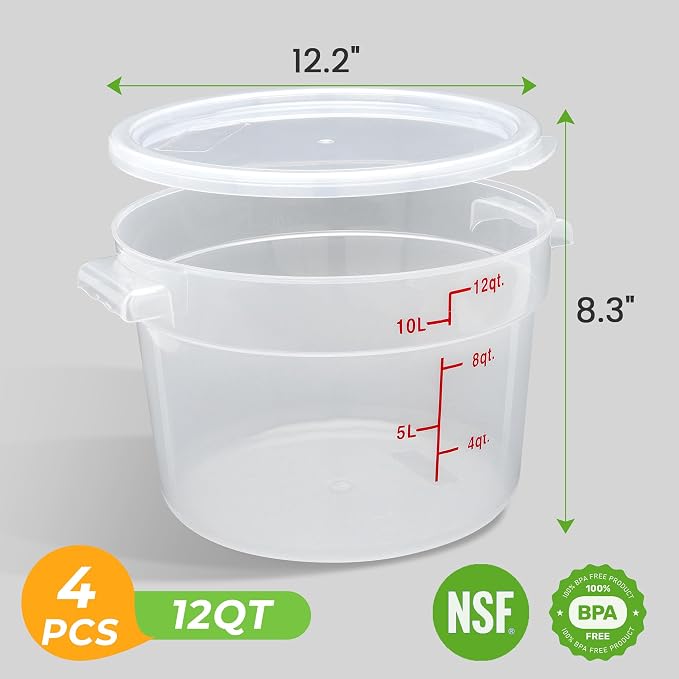 BIEAMA 4 Pack 12 Qt Round Food Storage Containers with Lids, Translucent PP | Include lids, labels, measuring cups and containers with capacity markings for food prep, pantry storage and dough proofing.