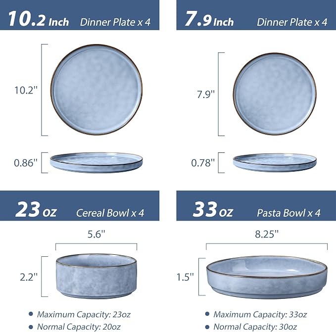 LIANYU 16 Piece Dinnerware Dish Sets with Salad Blows, Plates and Bowls Dinner Set for 4, Stoneware Dish Tableware for Dessert Salad Pasta, Microwave & Dishwasher Safe, Serenity Blue