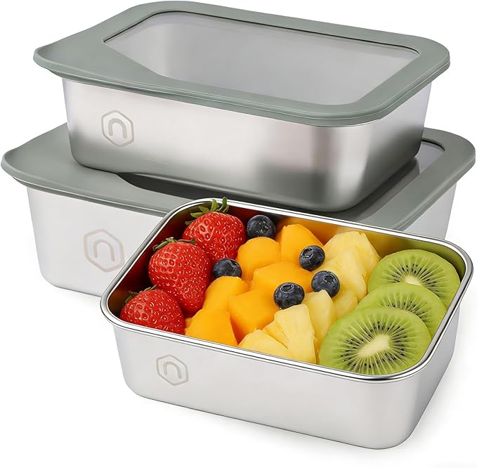 3PCS Stainless Steel Food Storage Containers with Glass Lids, 22/40/ 74oz Airtight Leak Proof Meal Prep Lunch Containers for Kitchen Storage, Microwave, Freezer, Dishwash Safe