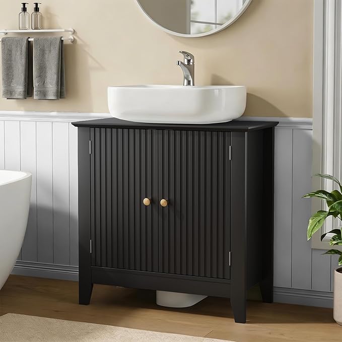 Under Sink Bathroom Cabinet with U-Shape Cutout for Pedestal Sink, Storage Cabinet with 2 Doors, Adjustable Shelf, Freestanding Floor Cabinet, Space-Saving Organizer for Bathroom (Black)