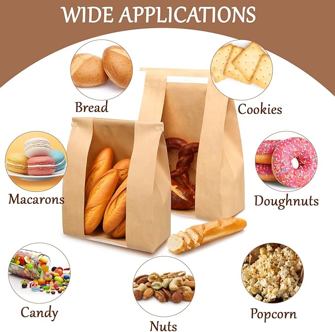 120 Pack Paper Bread Bags for Homemade Bread - Sourdough Bread Bags with Tin Tie Tab Lock Clear Front Window, Sourdough Bags Bread Storage Bakery Packaging 125 Cute Sealing Stickers