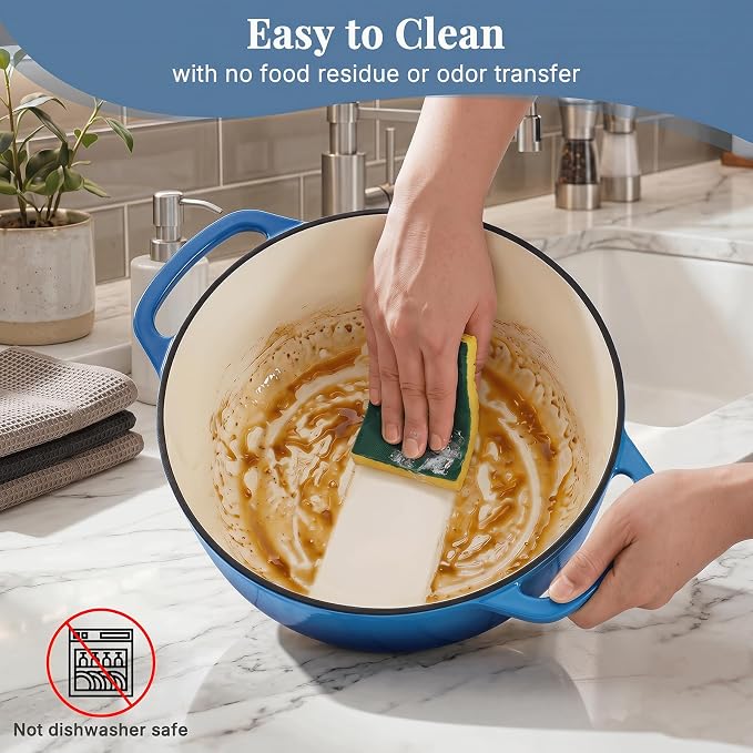 DUMOS Cast Iron Dutch Oven, 6 Quart Pot with Lid, Enameled Heavy Duty Cookware, Oven Safe to 500°F, Perfect for Bread Baking, Braising, Stews and Roasting, Moisture Sealing Lid with Dual Handles, Gradient Blue