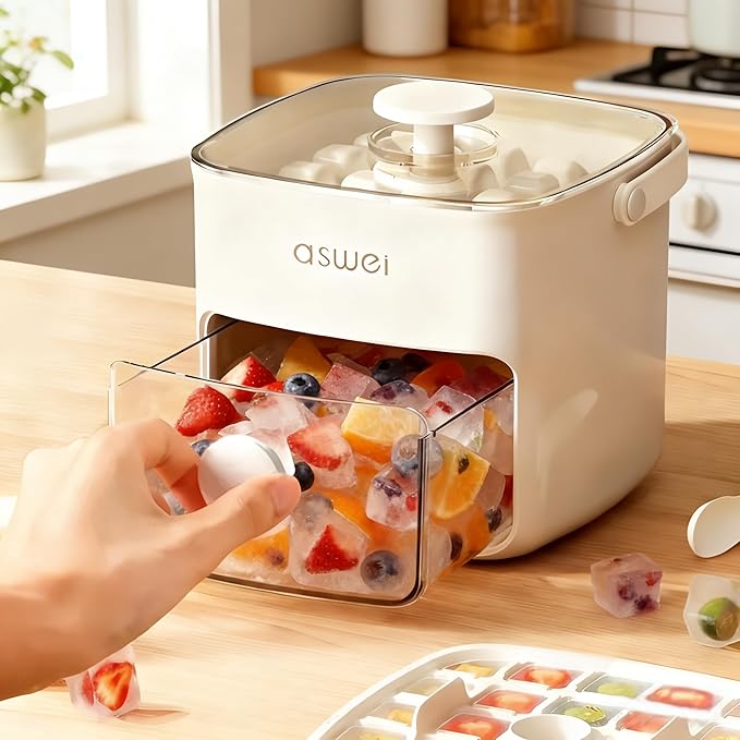 Plastic Ice Cube Trays with Bin and Scoop for Freezer, 2 Pack Easy-Release Sturdy Ice Tray with Lid, Stackable Ice Maker Set for Whiskey, Cocktails, Iced Coffee, BPA Free, White