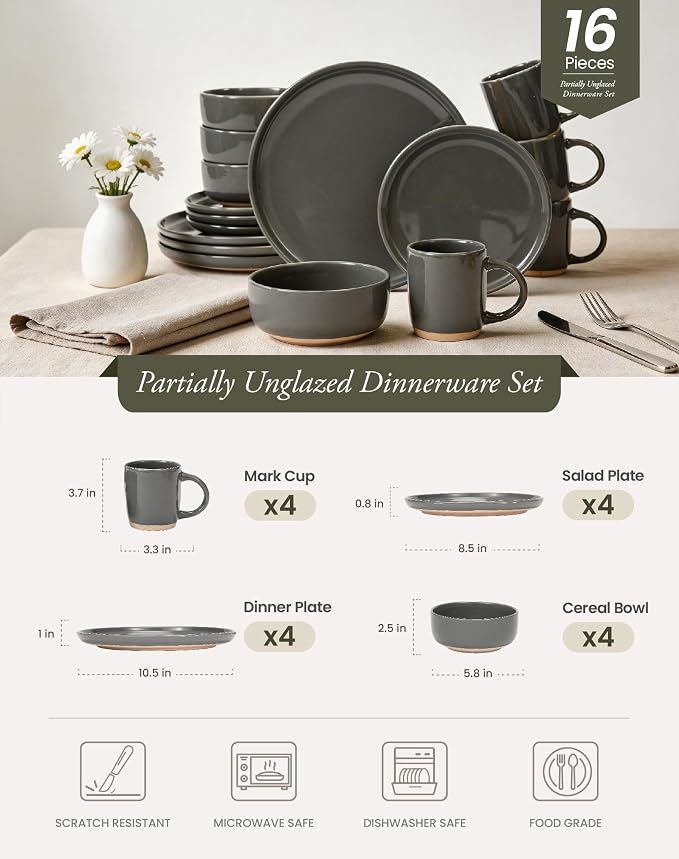 OTAGO 16-Piece Gray Stoneware Dinnerware Set for 4 with Mugs, Plates and Bowls Sets with Partially Unglazed Base, Scratch Resistant Ceramic Dish Set, Microwave & Dishwasher Safe for Kitchen