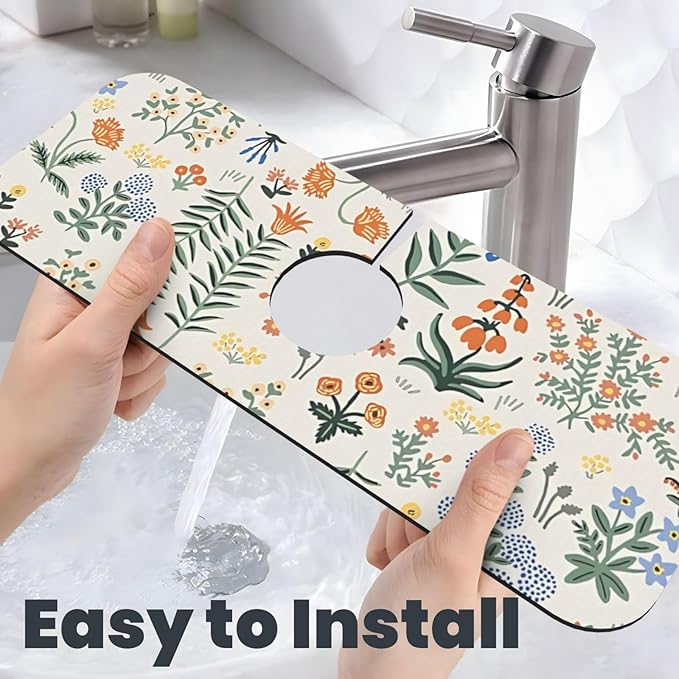 2Pcs Dish Drying Mats Faucet Mats Sets Large Size Coffee Mats Sink Faucet Mat Splash Guard for Kitchen Counter Bathroom Sink Coffee Bar Kitchen Decor (Wildflowers 2, 18"x24" 15" x 5.5"Set)