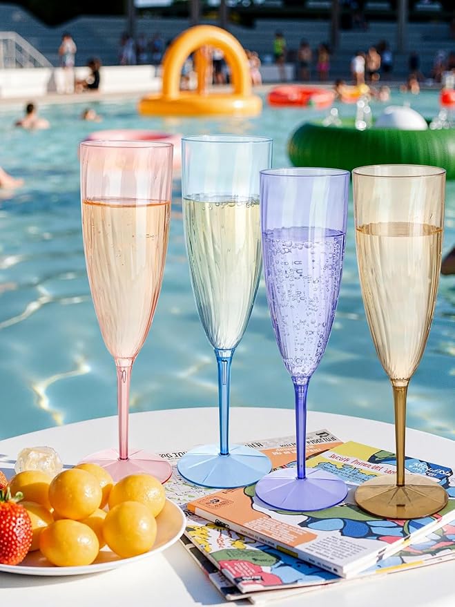 WDF 12PCS Colorful Plastic Champagne Flutes - 6 OZ Colorful Disposable Champagne Flutes - Perfect for Wedding/Party/Birthday