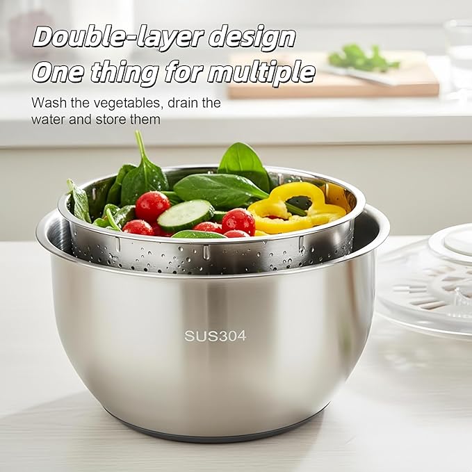 6L Stainless Steel Salad Spinner - Quick Spin Dryer for Vegetables, Lettuce, Fruit and Pasta, Commercial and Household Essential Kitchen Utensil