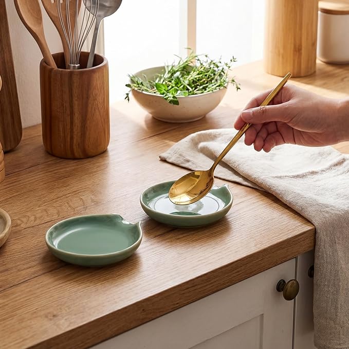 Irenare 8 Pcs Ceramic Spoon Rest for Stove Top, 3.74 Inch Porcelain Spoon Holder, Coffee Utensil Rest Heat Resistant Dishwasher Safe for Home Kitchen Accessories Gift(Green)