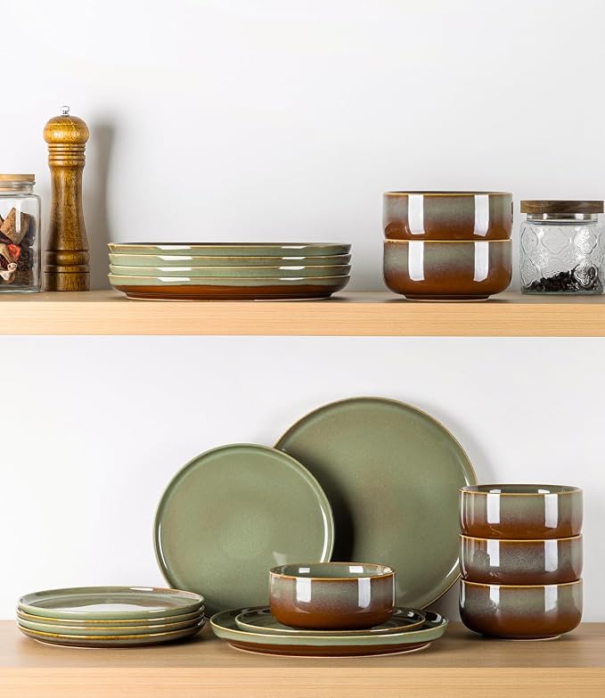 TheTerra Ceramic Dinnerware Sets for 4, 12 Pieces Handmade Reactive Glaze Plates and Bowls Set, Scratch Resistant Dish Set, Oven & Microwave & Dishwasher Safe, Sage Umber | Handmade Reactive Glaze, Scratch Resistant, Oven & Microwave & Dishwasher Safe,...