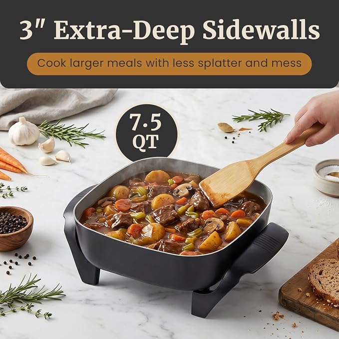 Elite Gourmet PFAS-Free Ceramic Electric Skillet, Extra Deep 12"x12"x3", Less Splatter, Dishwasher Safe, Rapid Heat, EG2313, 1200W, Black