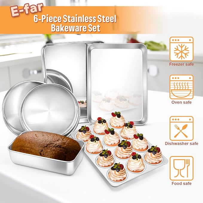 E-far 6-Piece Baking Pans set, Stainless Steel Bakeware Set for Oven, Include 8-Inch Cake Pan/Rectangle Baking Cookie Sheet/Muffin/Loaf Pan, Non-Toxic & Heavy Duty, Dishwasher Safe