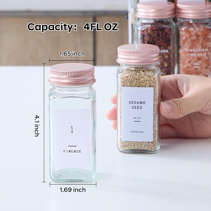 24 Pcs Glass Spice Jars with Labels and Pink Metal Caps, 4oz Empty Spice Containers with Shaker Lids, Funnel, Pen,Seasoning Storage Bottles for Spice Rack, Cabinet, Drawer