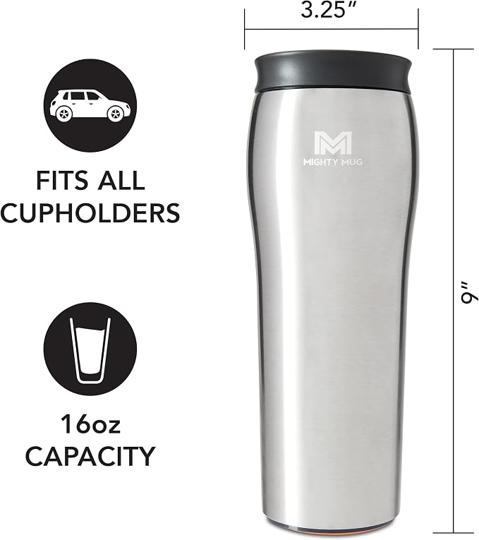 Mighty Mug | The Untippable Mug | Grips When Hit, Lifts for Sips | Insulated Stainless Steel Tumbler | Cupholder Friendly | Gifts for Women Men All | Leakproof | 6 Hours Hot / 24 Cold | 16oz | Silver