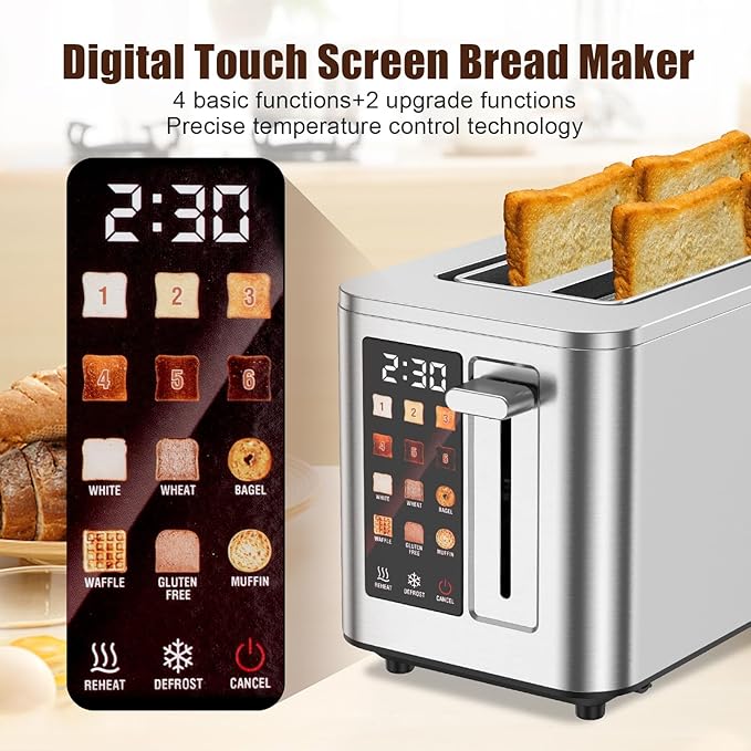 2026 Upgraded TAZTIR Touch Screen Toaster 4 Slice, Premium Stainless Steel Digital Bread Toaster with Timer, 1.5'' Wide Slot, 6 Shade Settings & 6 Bread Types, Bagel Defrost Reheat Cancel Functions